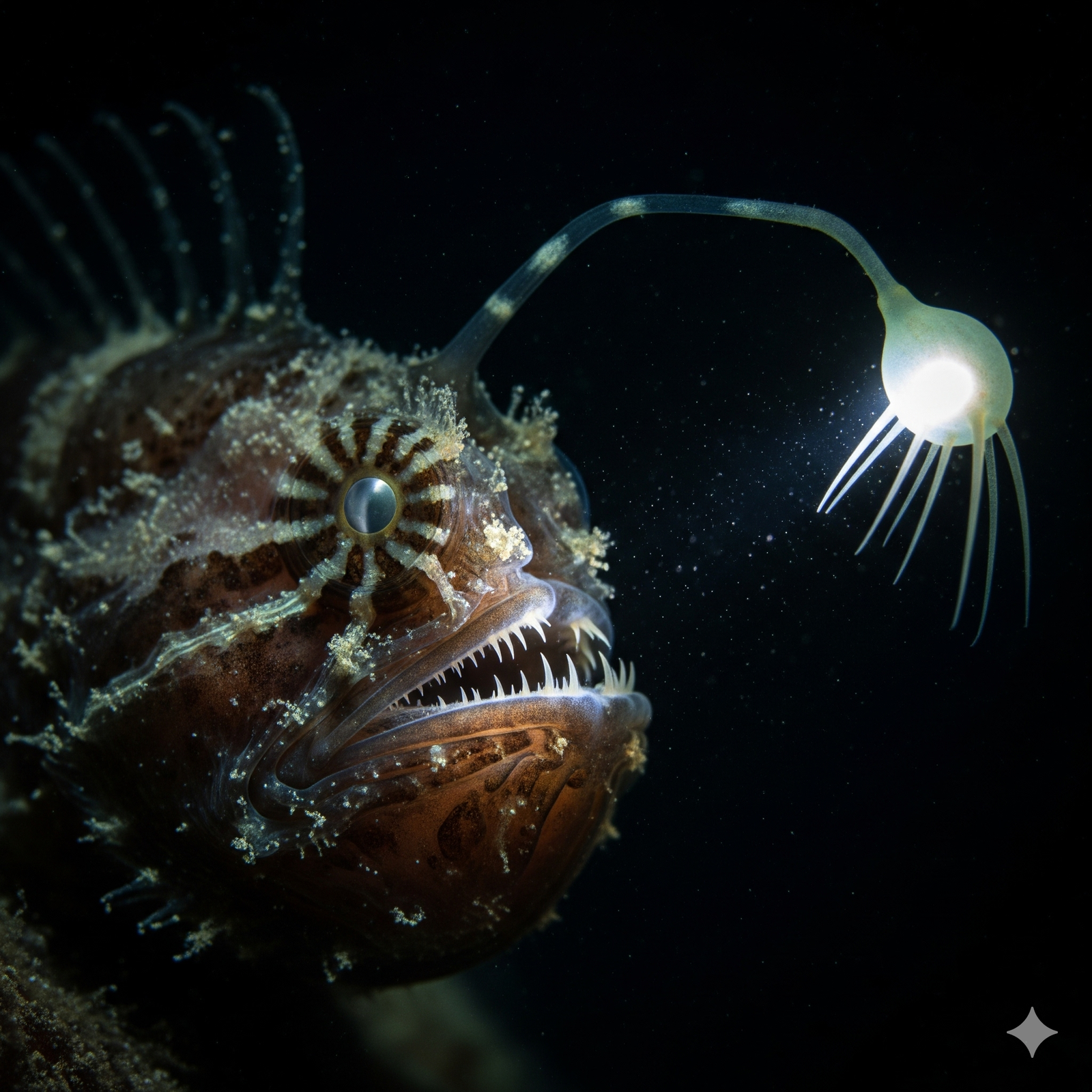 Pez rape de las profundidades marinas con su señuelo luminoso